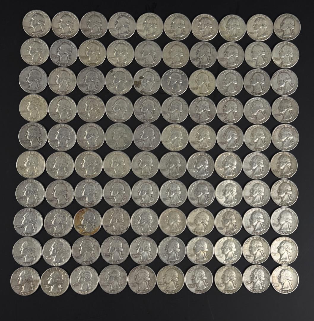 Collection Of 100 Pre 1964 Silver Quarters (1 of 3)