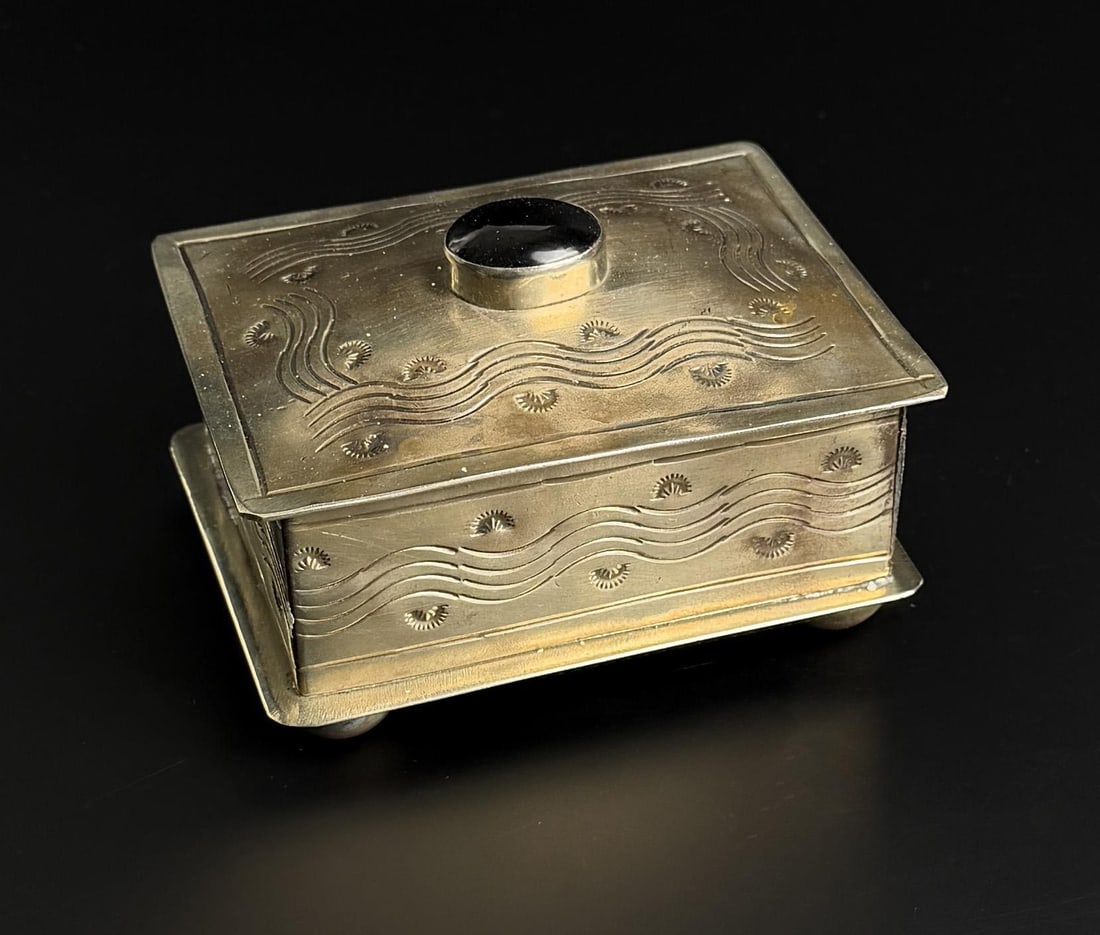 J Alexander Navajo Style Stamped Onyx Trinket Box: 2 1/2" by 3 1/4" by 4 1/4". Nickel silver.