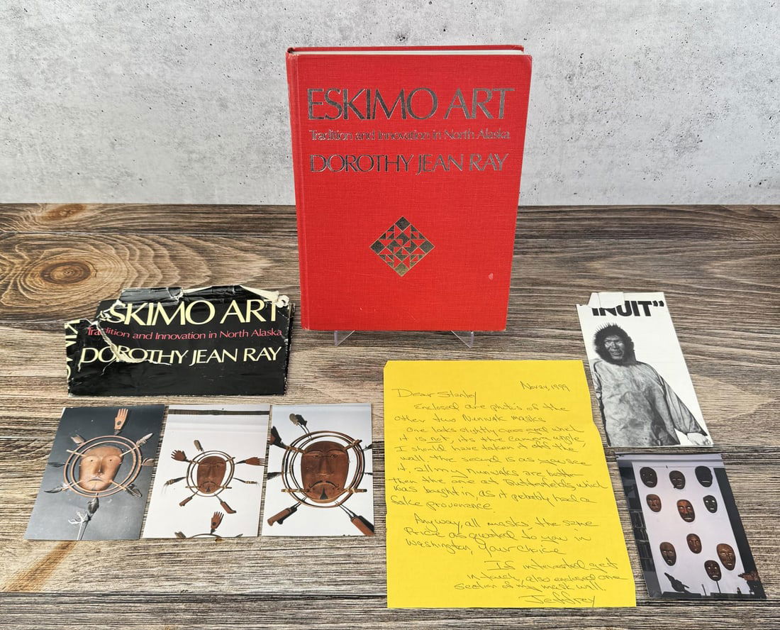 Eskimo Art: Tradition and Innovation in North Alaska. Dorothy Jean Ray, 1977. Sold with part of the dust jacket, a letter to Stanley Miller and a few photos of Eskimo Masks. From the Native American reference lib