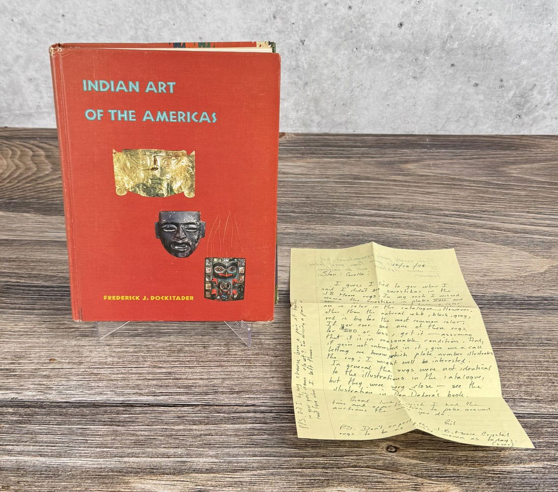 Indian Art of the Americas: Frederick J. Dockstader, 1973. Sold with a personalized letter to Stanley Miller found in the book. From the Native American reference library of Stanley Miller.