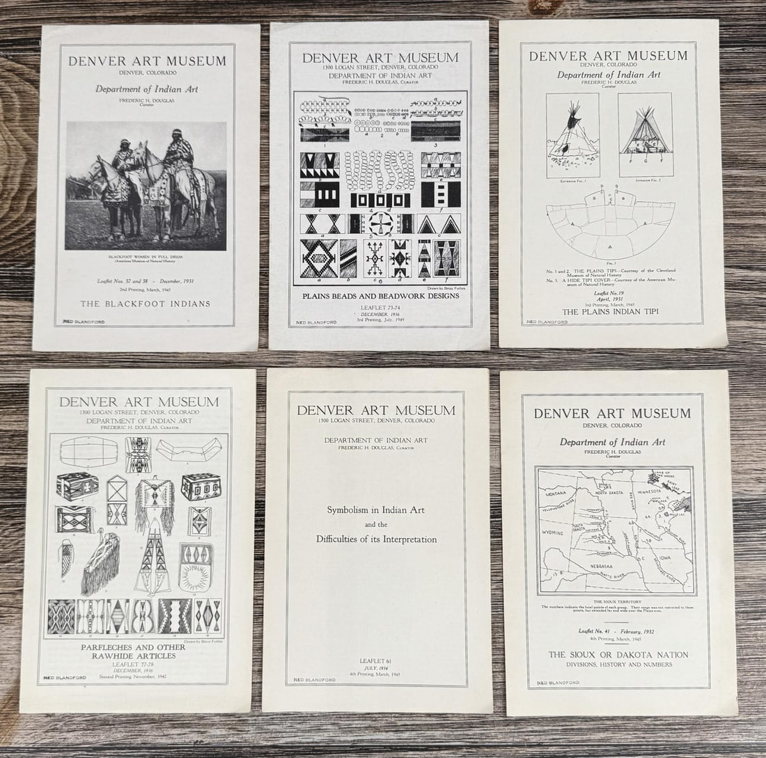1930s Denver Art Museum Leaflet Publications: Covers topics such as The history and culture of the Blackfoot Indians, plains beadwork designs and symbolism, the construction and use of Plains tipis, and geography of the Sioux territory and other