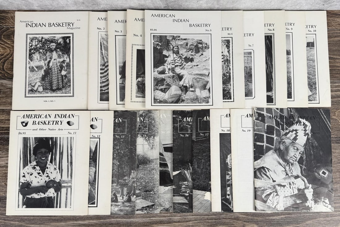 Collection of American Indian Basketry Magazines: The magazines highlight diverse weaving traditions, including techniques like coiling and twining from various tribes such as Apache, Hopi, and Navajo. From the Native American reference library of St