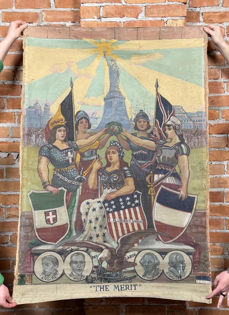 WWI WW1 Patriotic Statue of Liberty Painting: 36" by 53". Title is The Merit. Motto on bottom has been painted over a show. May have been illustrated for publication, but is unsigned.