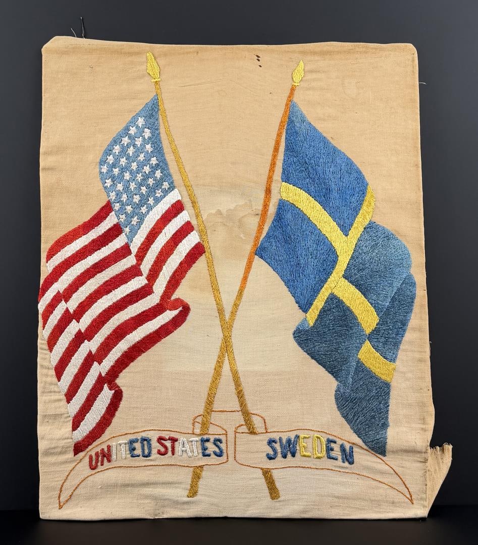 Spanish American War US Sweden Flag Needlepoint: 17" by 20".