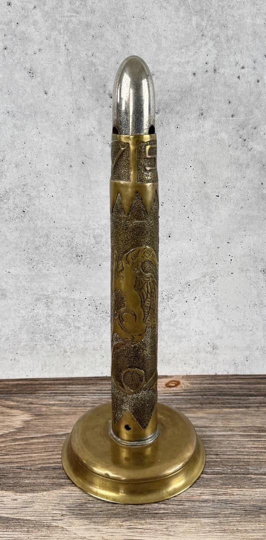 WW1 WWI USA 1902 Trench Art Shell: 7 1/4" by 7 1/4" by 18 1/2". Depicts a Griffin and iron crosses. Might have been a lamp at some point.