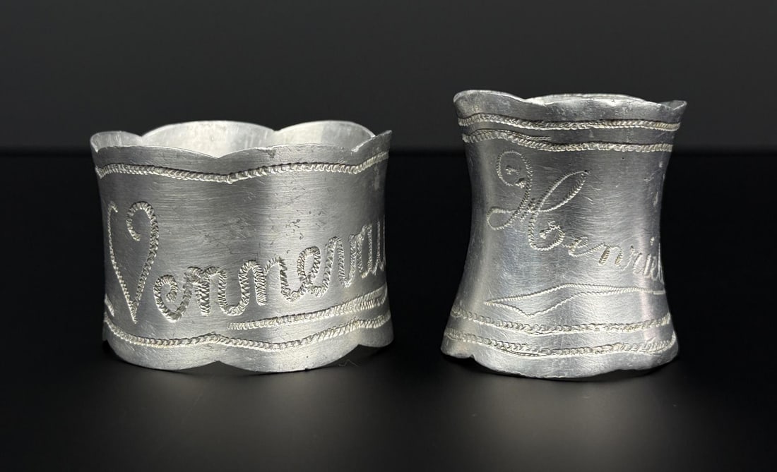 WW1 WWI 1917 Trench Art Napkin Rings: 2 1/4" by 2 1/4" by 1 1/5".