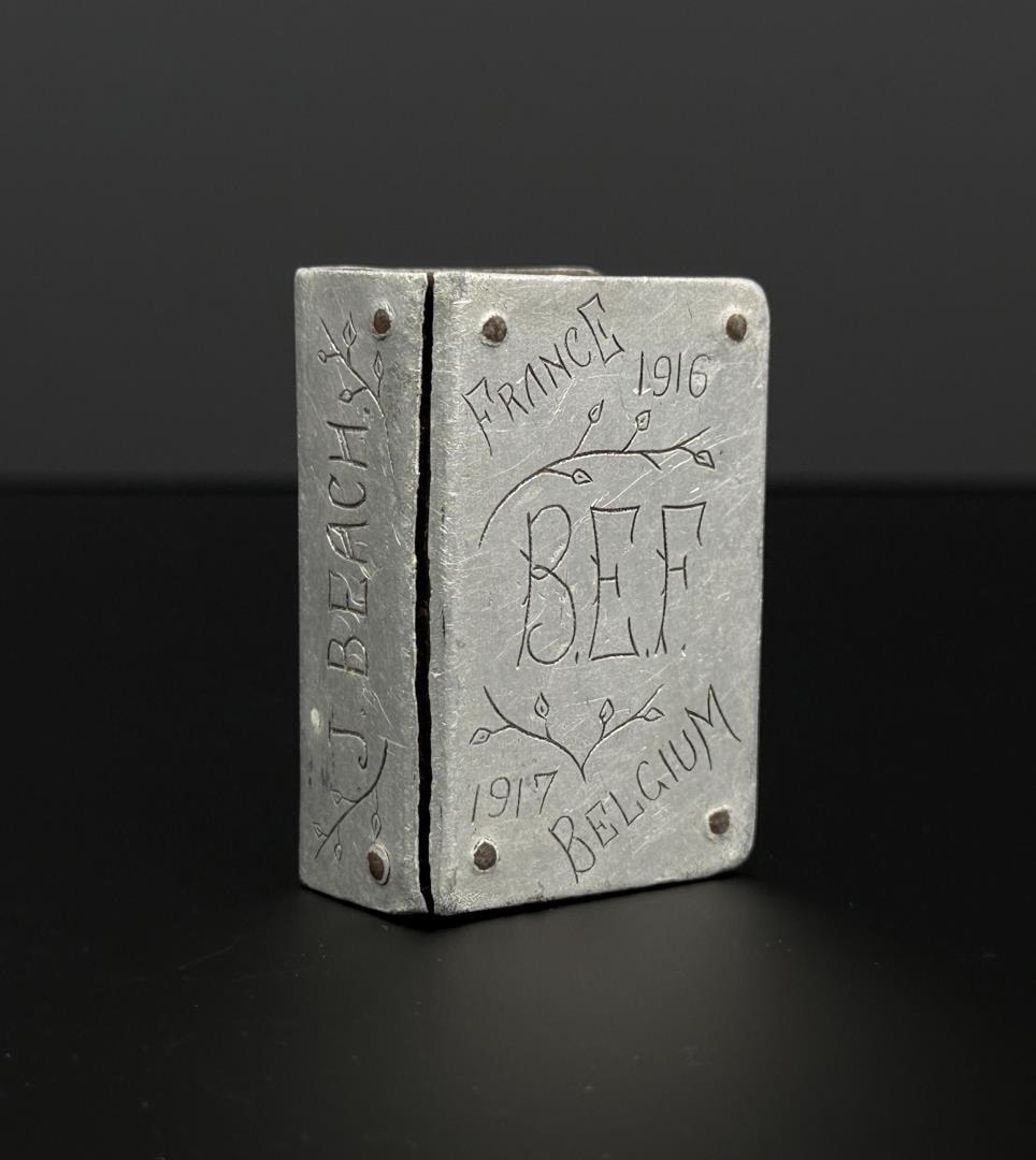 WW1 WWI French Trench Art Match Case: 2 1/4" by 1 7/8" by 7/8". 1916 France, 1917 Belgium. Engraved J. Beach on the side.