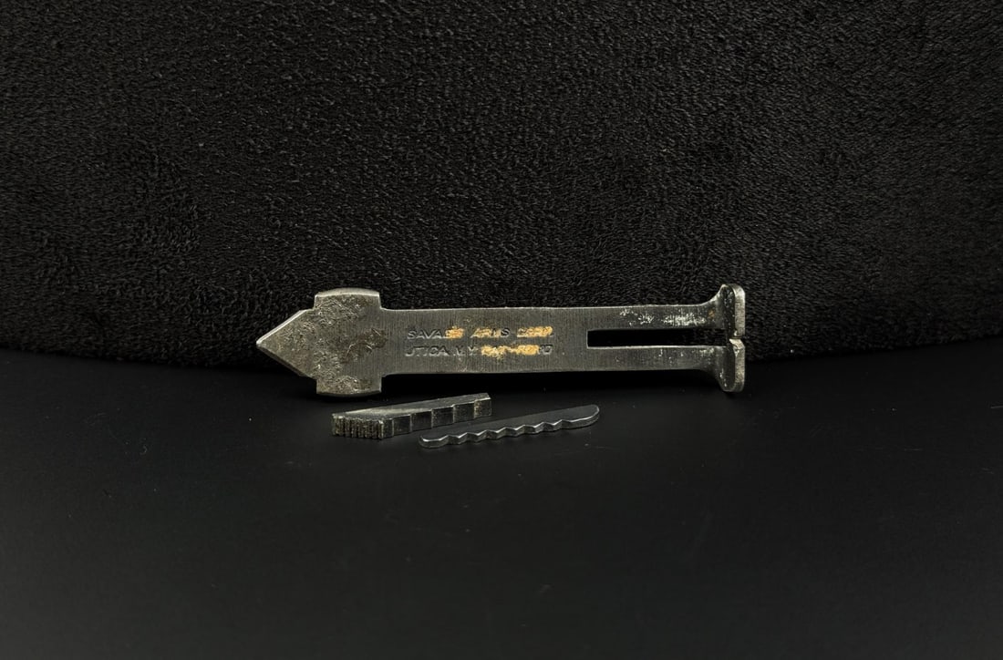 Savage Arms Co Rear Sight with Elevator: 2 7/8" long. Utica, NY. Designed for Savage, Springfield, and Stevens rifles.