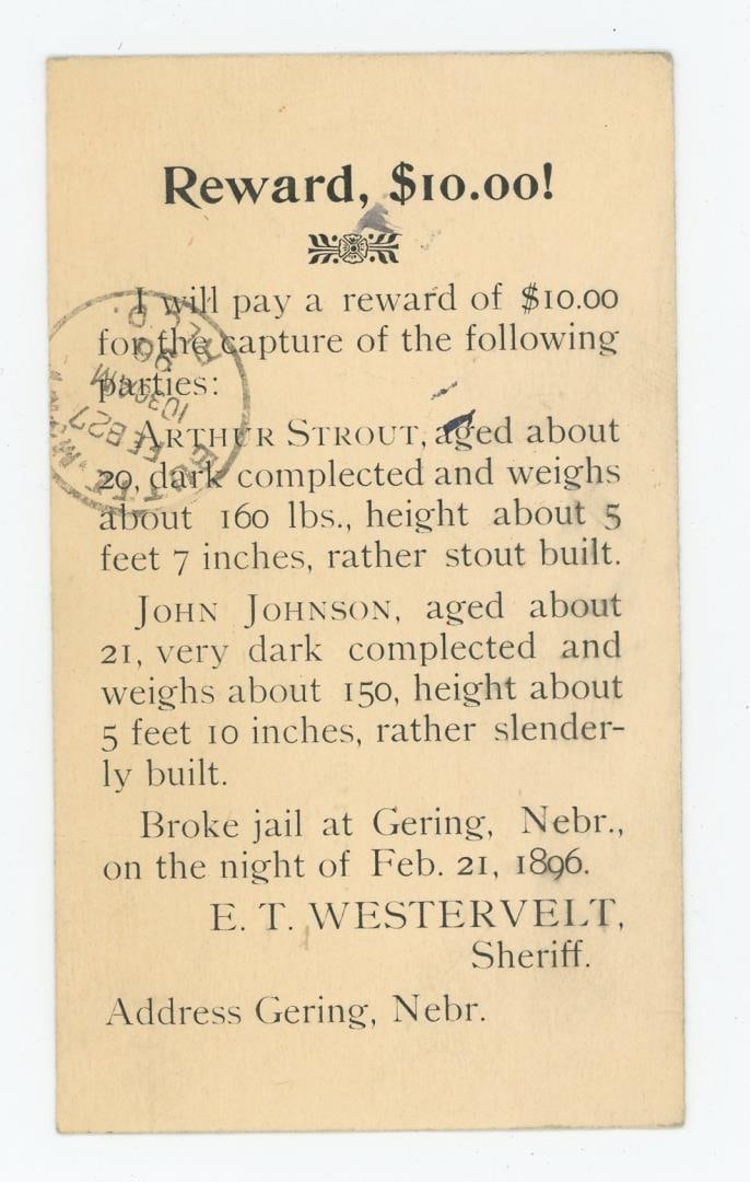Arthur Strout Wanted Poster Postcard: Arthur Strout and John Johnson for jailbreak at Gering Nebraska. Sent to Butte City Montana Sheriff.