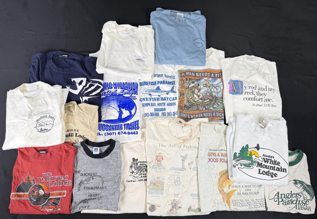 Group of Vintage Fishing T Shirts and Sweatshirt: Nice large grouping. 14 tops total, mostly 1990s Fishing themed.