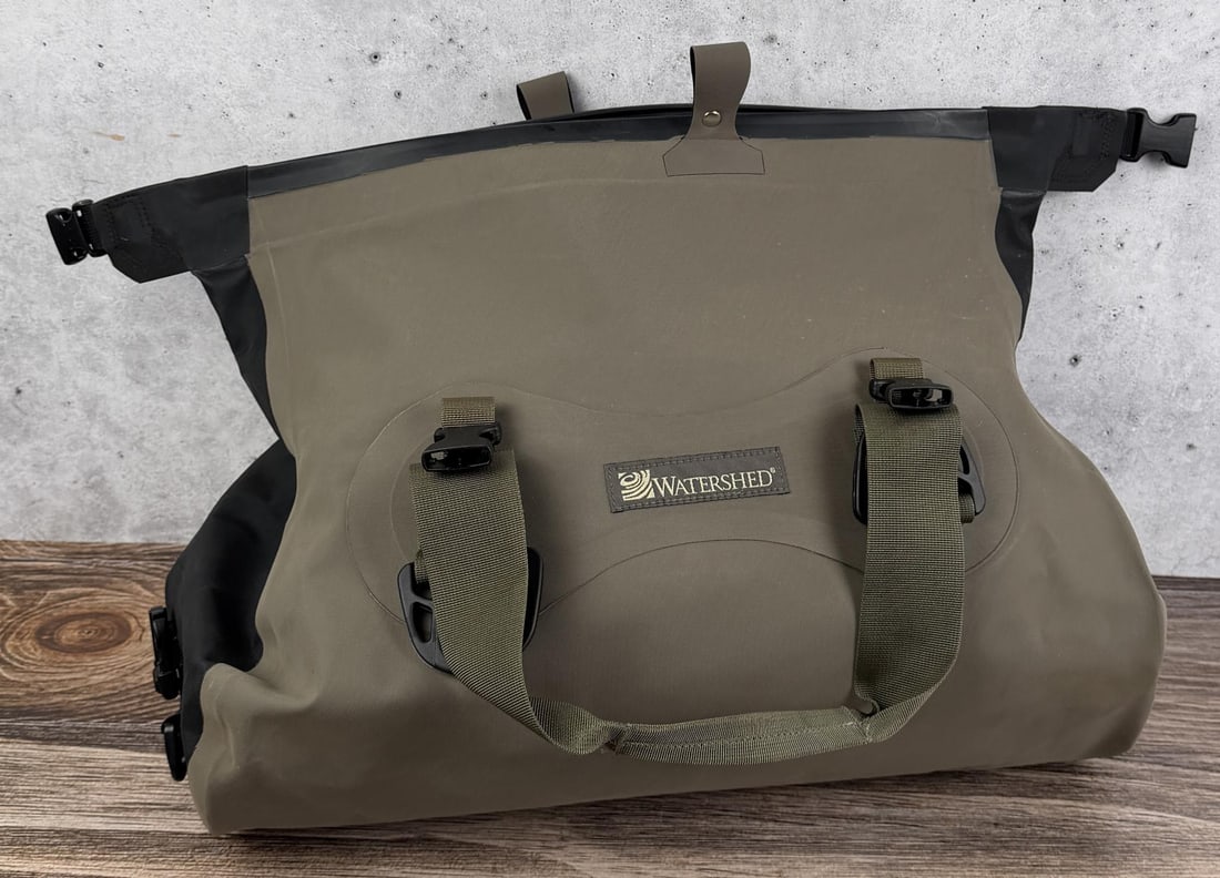 Watershed Ocoee Dry Duffel Bag: 26 7/8" by 16 1/4" by 9 1/4". Features a submersible ZipDry seal and durable polyurethane-coated nylon construction.