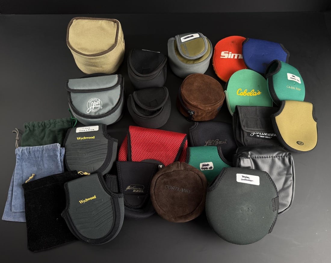 Collection of Fly Fishing Reel Cases: Nice larger grouping. Includes Simms, LL Bean, Orvis, Pflueger and more.