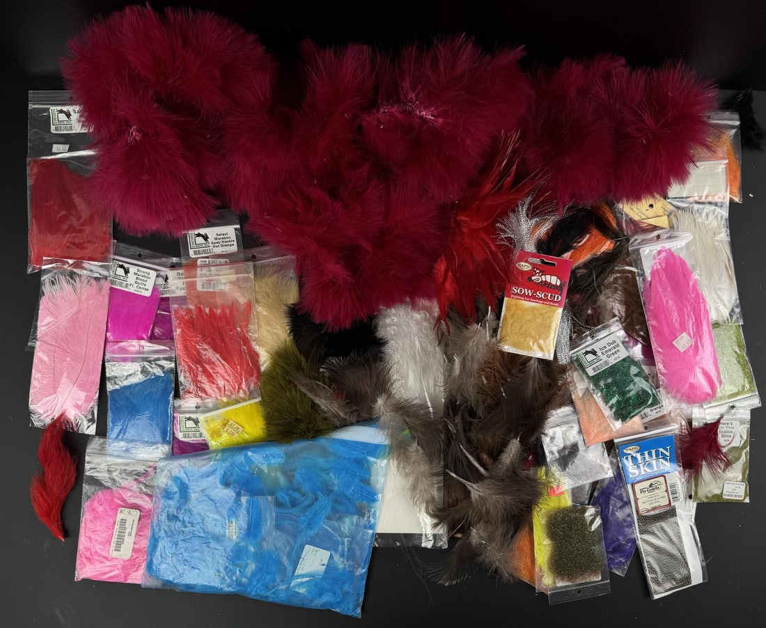 Group of Fly Fishing Fly Tying Supplies: Lots of flashy colors.