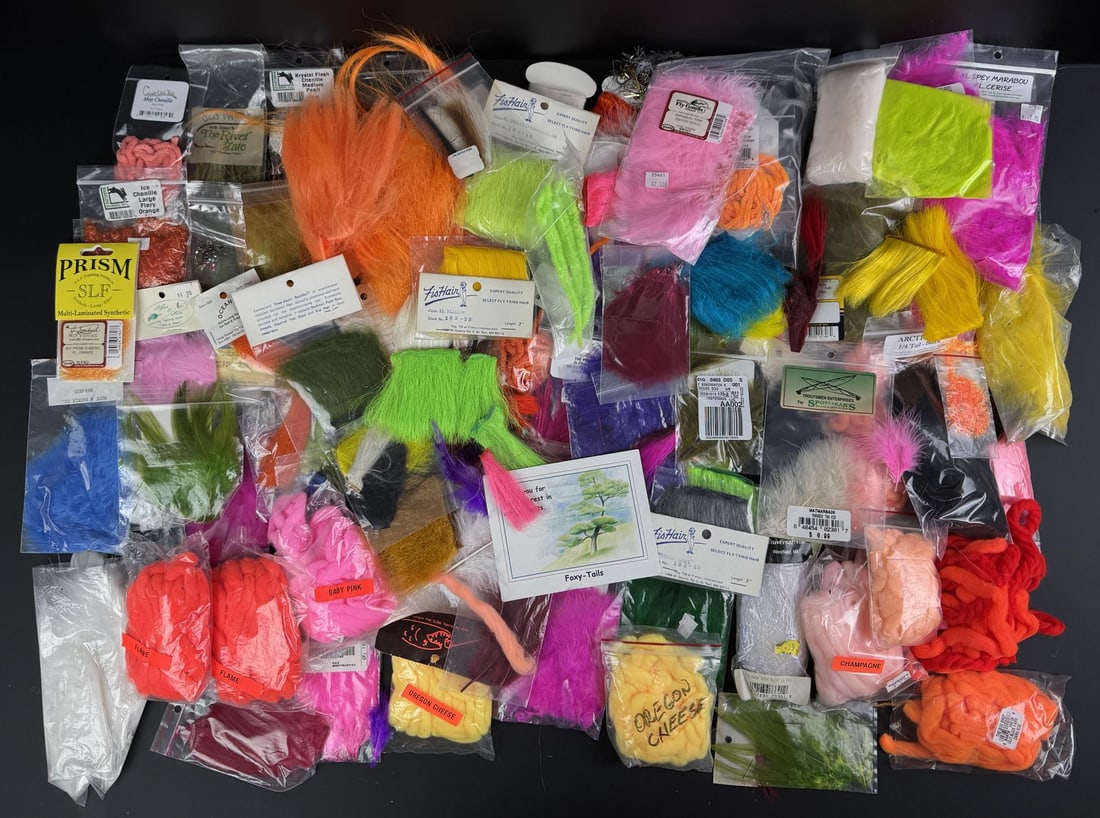 Group of Fly Fishing Fly Tying Supplies: Lots of Flashy Colors. Mostly Synthetic.