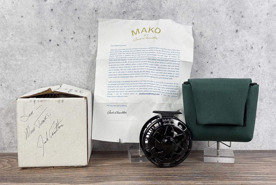 Mako Model 9500 Fly Fishing Reel: Designed by Jack Charlton. Box is signed by Jack Charlton addressed to Sam Haddon. The Model 9500 has a 4-inch diameter and is designed for 8-10 weight lines.