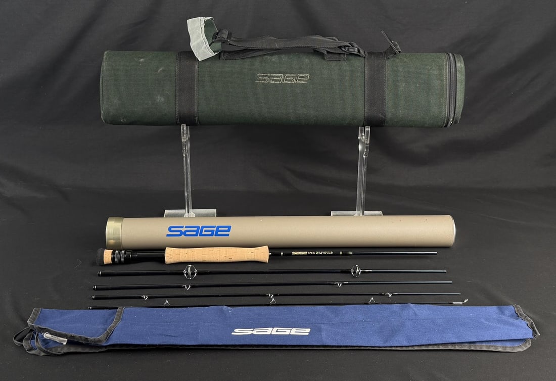 Sage RPLXi 790-5 Graphite III Fly Fishing Rod: 9', 7 Weight, 5 Piece. Sold with accompanying sleeve and a durable green canvas-covered hard case and a smaller metal tube case that fits inside.