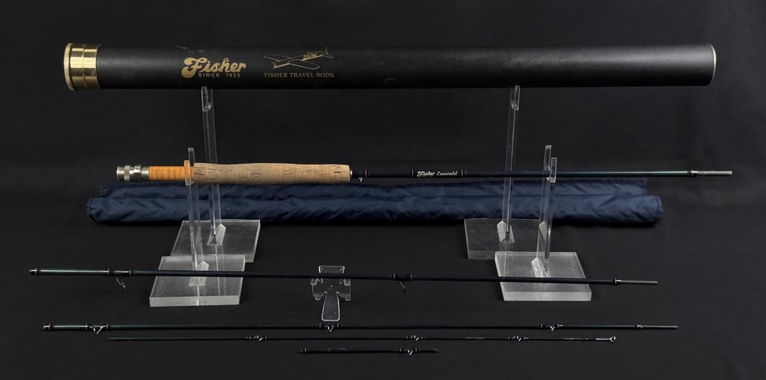 Fisher Emerald 8'11" 6wt Fly Fishing Rod: 8'11" Long, 4 piece, 6 weight. Tip Piece is broken, as shown. Sold with accompanying sleeve and Fisher Travel Tube Case.