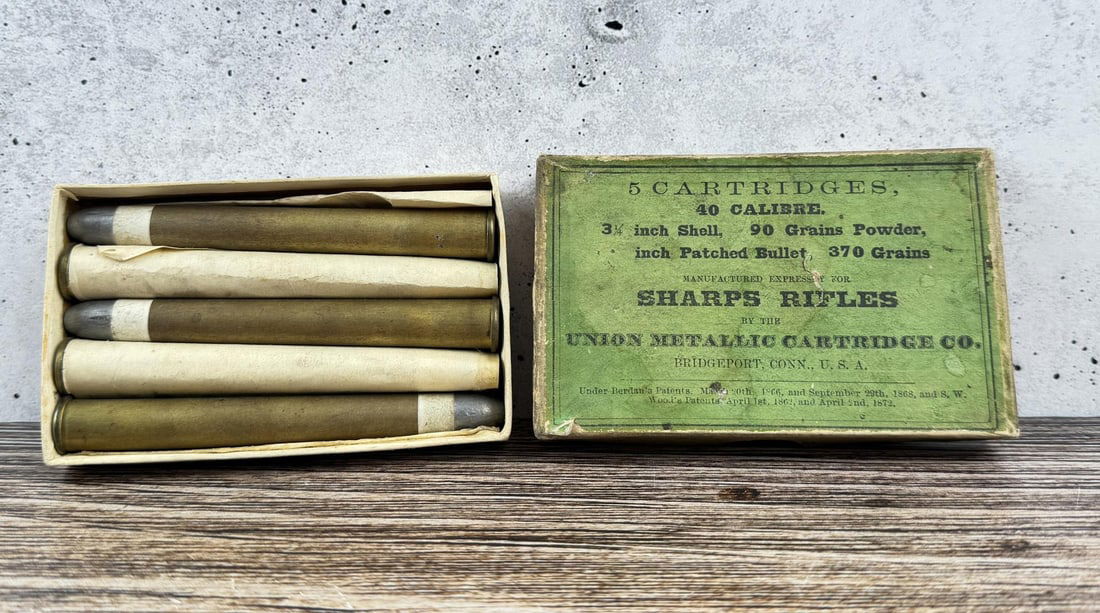 Union Metallic Cartridge Sharps Rifles .40-90 Ammo: Complete box and contents. California and New York Shipments requires this lot to be sent to an FFL Dealer