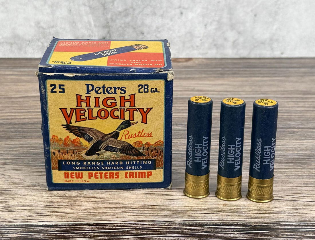 Box Of Peters High Velocity 28 Ga Shotgun Shells: Full one piece box of 25 shells. California and New York Shipments requires this lot to be sent to an FFL Dealer