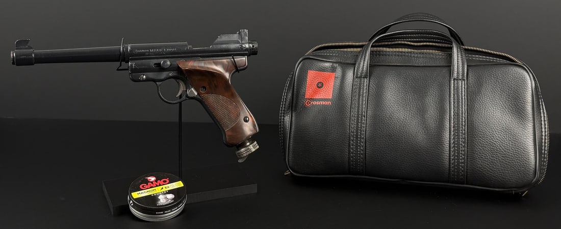 Crosman Mark I Target Air Pistol: .22 caliber, with original carry case. No sales to the following areas: States/Territories: ? Delaware ? Illinois ? Michigan ? Minnesota ? New Jersey ? Rhode Island ? US Virgin Islands Cities: ? Strat