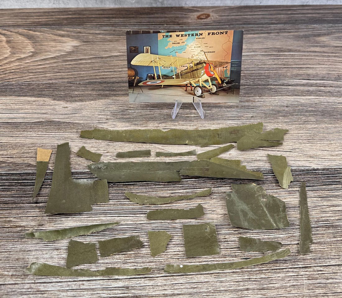 SPAD VII WW1 French Airplane Fabric: Shows a SPAD S.VII C.1 biplane fighter from World War I and original fabric scraps from the airplane.