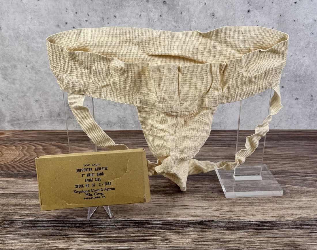 WW2 Keystone US Army Jock Strap Gay Interest: Deadstock in carton. Size L. Made by Keystone Coat & Apron MFG Corp.