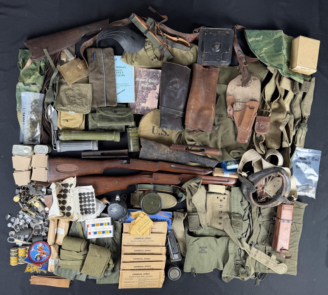 Collection of WW2 US Army Surplus: Great group of gaiters, 1917 stocks, Winchester stocks and more.