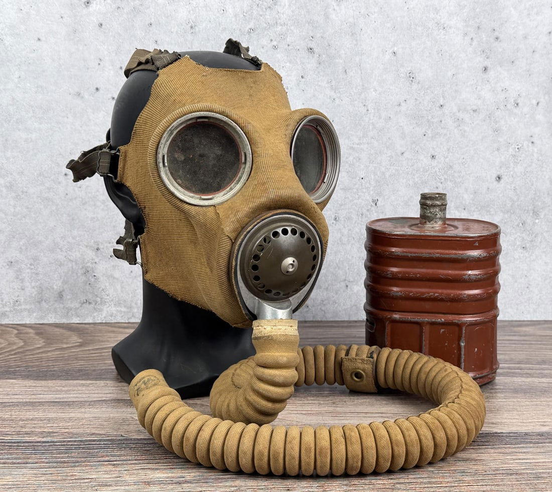 WW2 Canadian Mk IV Gas Mask: Canister is dated 1942. 3 1/8" by 4 5/8" by 6 1/2" canister dimensions.