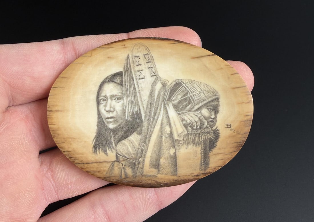 Native American Indian Scrimshaw Ivory Plaque: 2 3/4" by 2 1/8". Mammoth Ivory. Native made prior to 1972. This item cannot be shipped to Oregon, California, Hawaii, New York, New Jersey, Internationally, or any other state that prohibits.