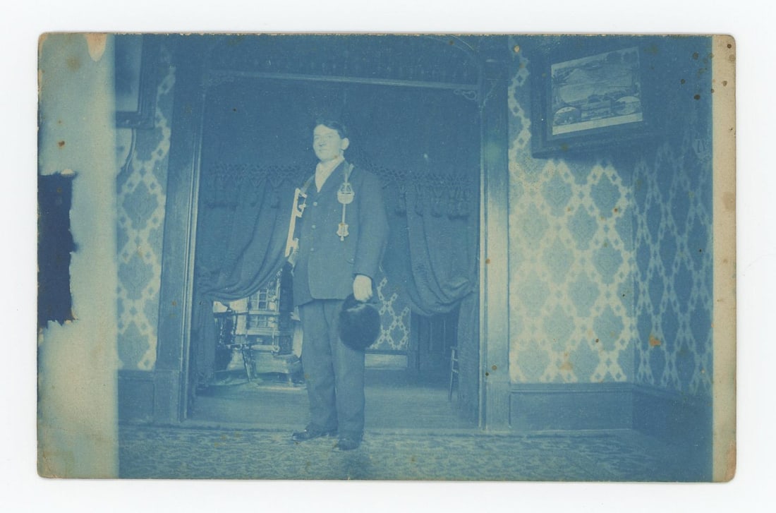 Man with Ice Skates Cyanotype RPPC Postcard (1 of 3)