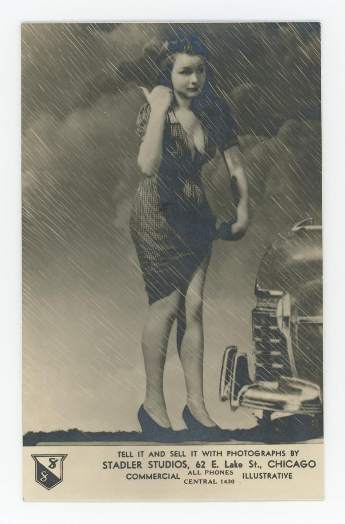 Stadler Studios Fake Rain RPPC Postcard: Stadler Studios Chicago. Features a pin up girl in a superposed rain storm.