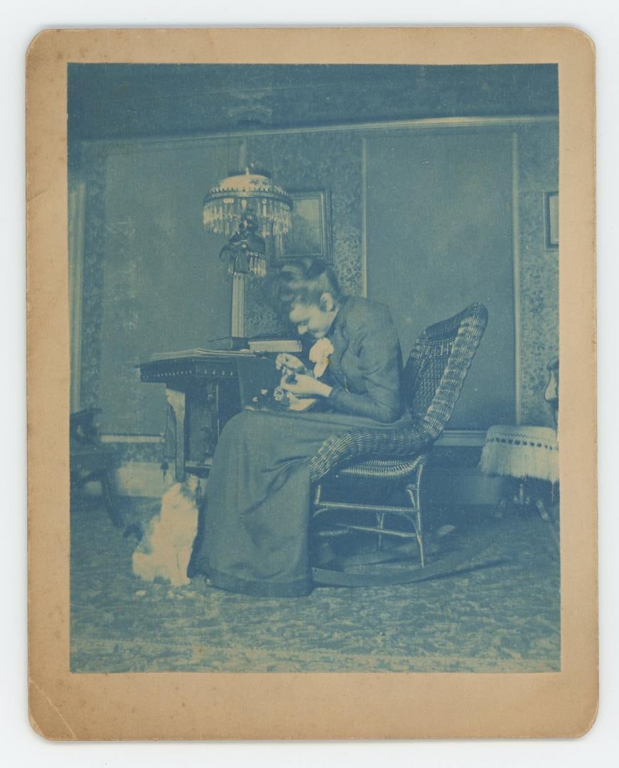 Victorian Cyanotype Photo of Woman and Cat (1 of 3)
