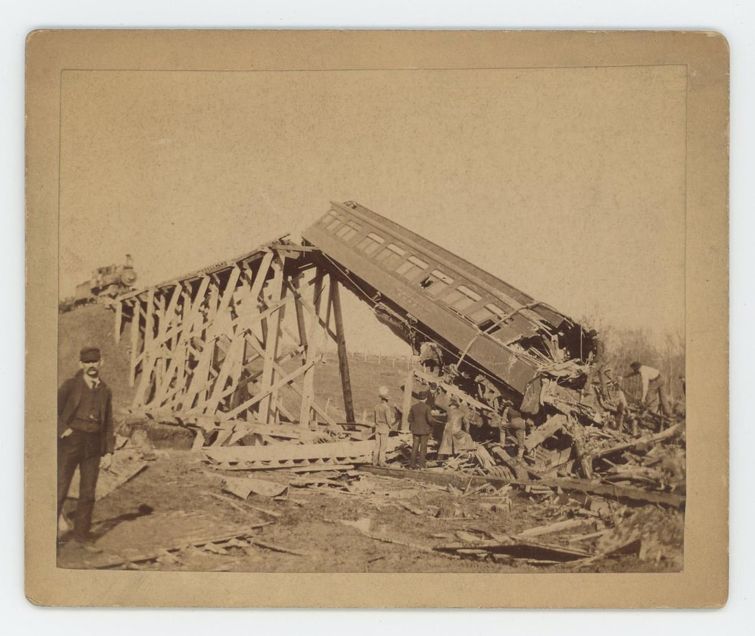 Iowa Train Derailment Accident Photo: 4 1/4" by 5 1/4" Taken by J.R. Tewksbury of Fort Madison, Iowa. after a derailment of a passenger coach of a wooden trestle.