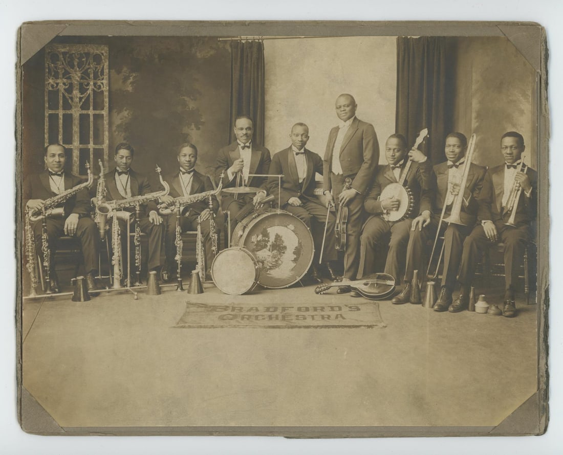 Perry Bradford's Orchestra Jazz Band Photo: Taken by the Sissman Studio in Pittsburgh, Pennsylvania. 8" by 10". Perry Bradford (February 14, 1893, Montgomery, Alabama - April 20, 1970, New York City) was an African American composer, songwriter
