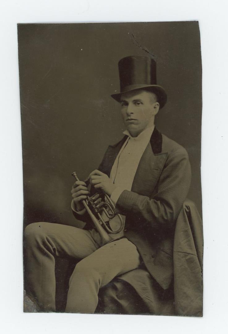 Coronet Player Occupational Tintype Photo: 2 1/4" by 3 7/8".