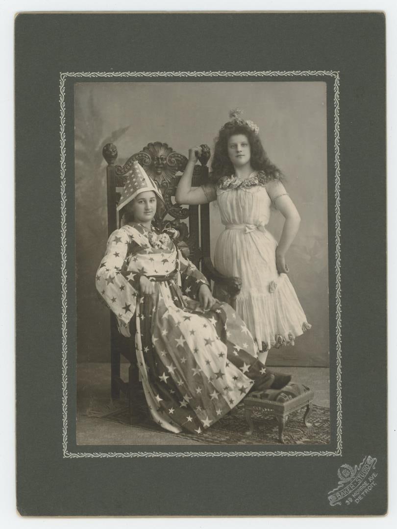 Patriotic Lady Liberty Costume Cabinet Photo: 6" by 8". The photo was taken at Baker Studio, located at 39 Monroe Ave. in Detroit.