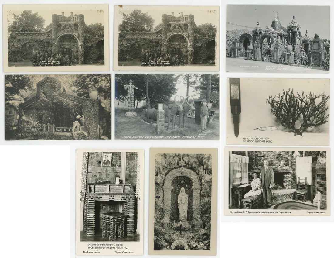 Folk Art Roadside Attraction RPPC Postcards: Very interesting postcards depicting The 'Grotto of Redemption', a desk made of newspaper clippings, a concrete museum and more.