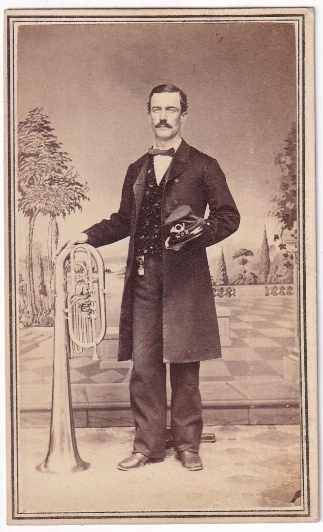 Civil War Occupational Musician Saxhorn CDV Photo: Nice image. 2 cent stamp on the back.