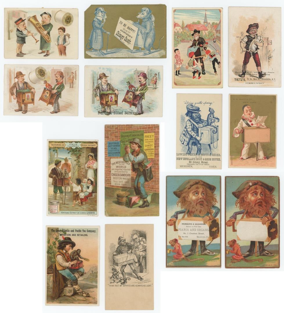 Victorian Organ Grinder Trade Cards: Nice grouping. 14 total.