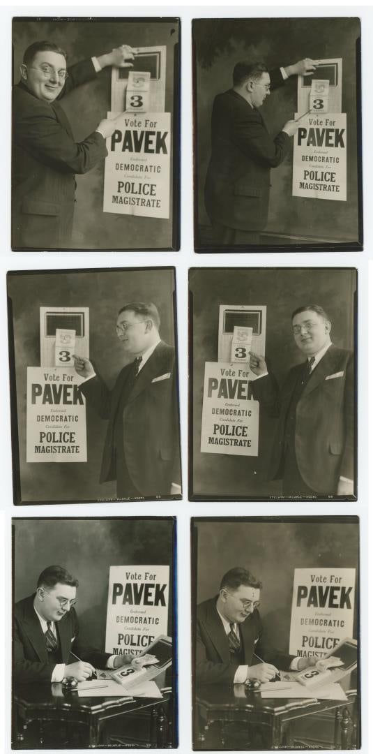 Illinois Police Magistrate Campaign Photos: 4 3/4" by 7". Frank Pavek is shown, appearing to announce his candidacy for Police Magistrate. He later wins this race and becomes the police magistrate for Berwyn, Illinois, is a Chicago suburb. Phot