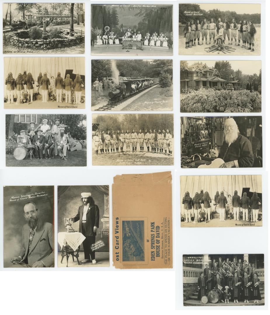 House of David Eden Springs Park RPPC Postcards: Series of 13 postcards aimed at drawing tourists in to visit the House of David commune in Eden Springs Park, Benton Harbor, Michigan. The House of David was a radical communal, apocalyptic Christian