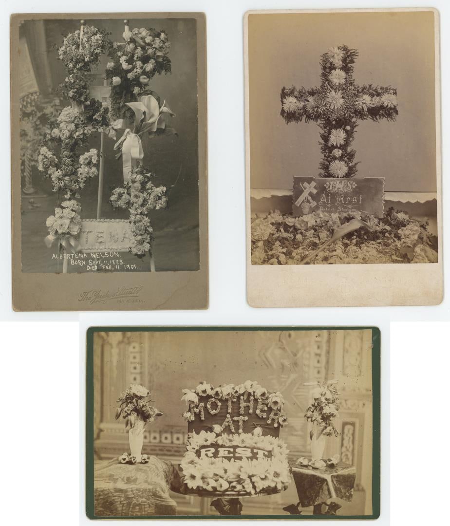 Mourning Funeral Flower Arrangement Photos: Largest is 6 1/2" by 4 1/4". One photo shows a memorial for Albertena Nelson, born September 3, 1863, and died February 1, 1901.