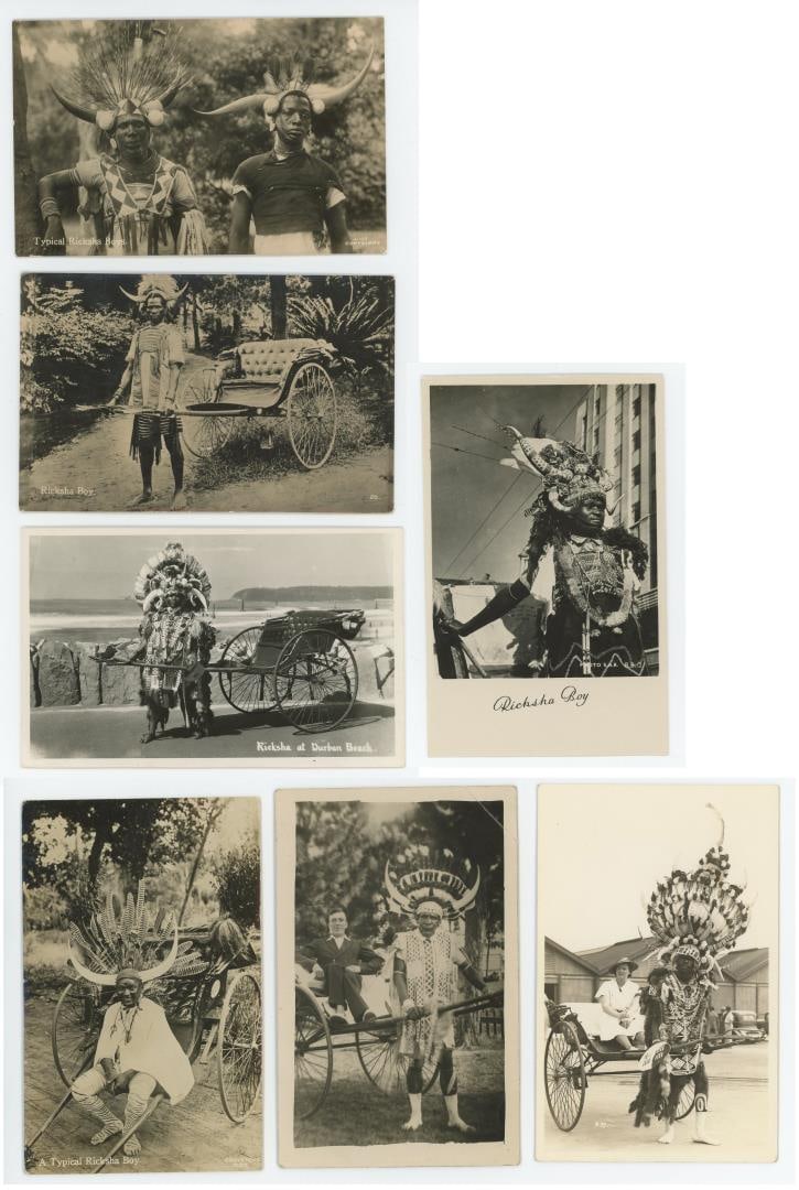 Zulu Rickshaw Pullers Durban RPPC Postcards: Durban, South Africa. The pullers, historically known locally as amahashi (horse), wore ornate traditional Zulu attire combined with decorative beadwork and bovine elements.