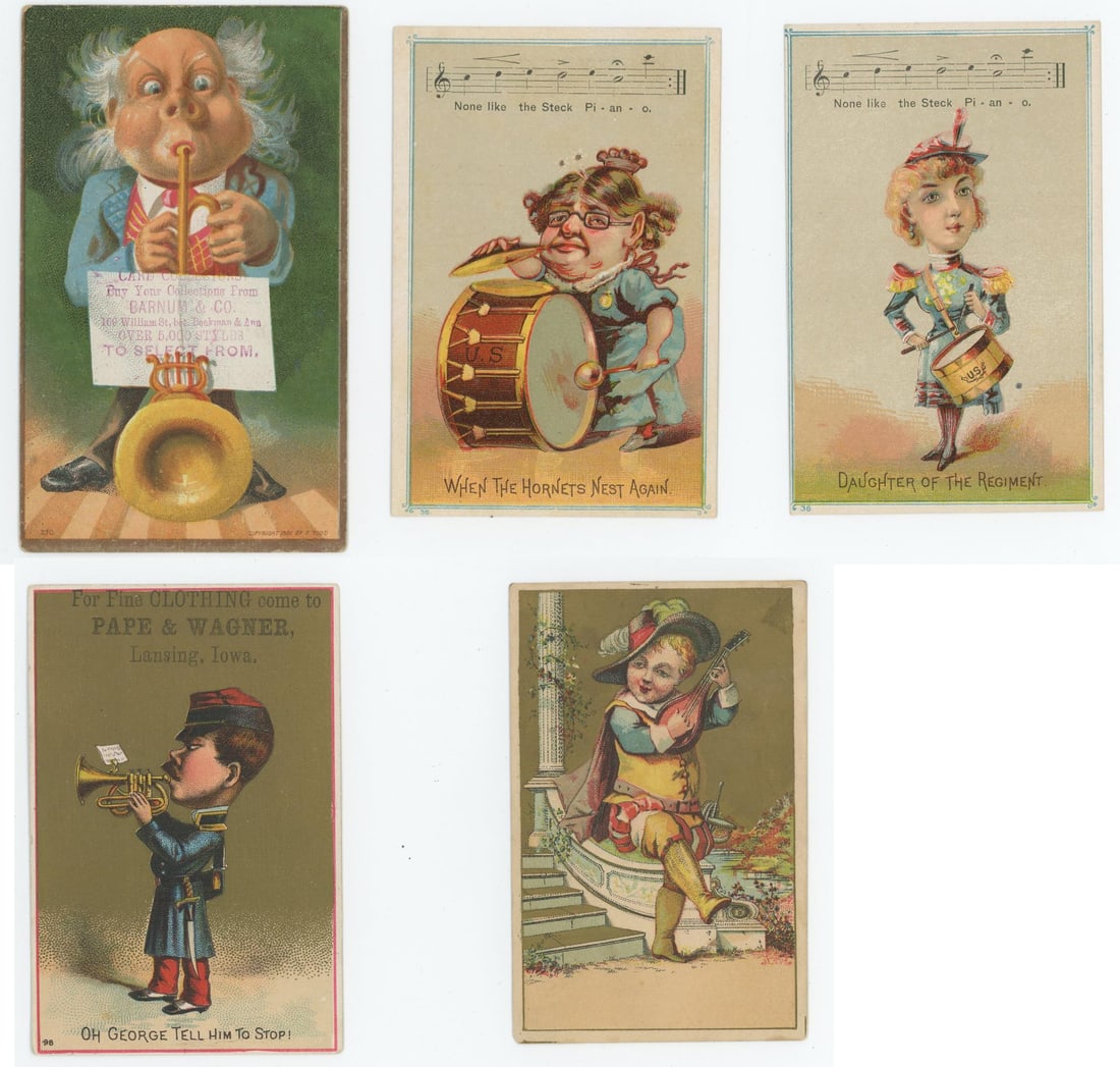 Victorian Music Instrument Advertising Trade Cards: 3" by 5". They showcase advertisements for Steck Piano and a clothing store named PAPE & WAGNER.