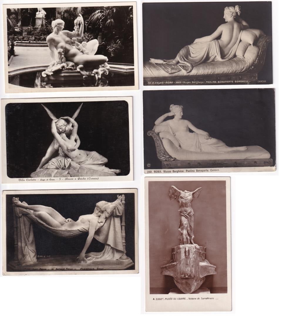 European Classical Sculpture RPPC Postcards: Nice grouping of RPPC postcards depicting Paolina Bonaparte Borghese and Amore e Psiche by Antonio Canova, Sweet Dreams by Antonio Frilli, and the Winged Victory of Samothrace located in the Musee du
