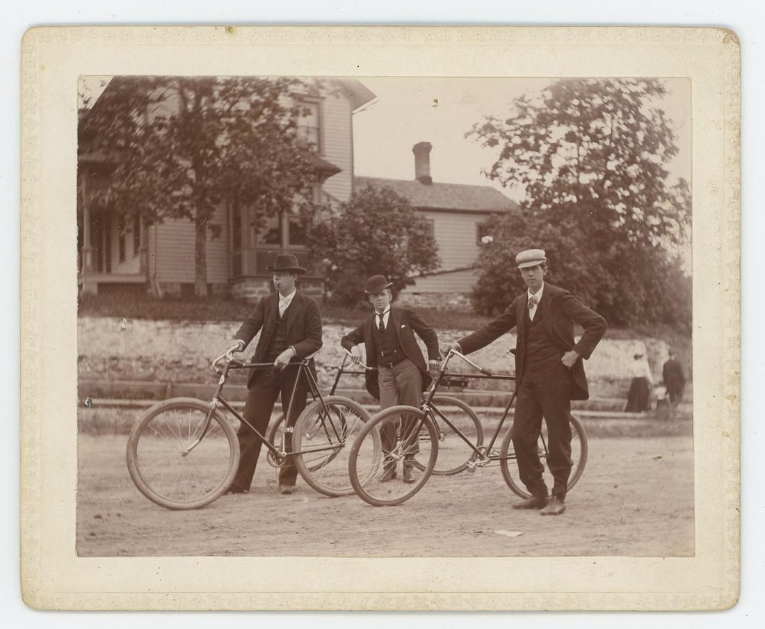 Men on Wood Rim Bicycles Cabinet Photo (1 of 3)