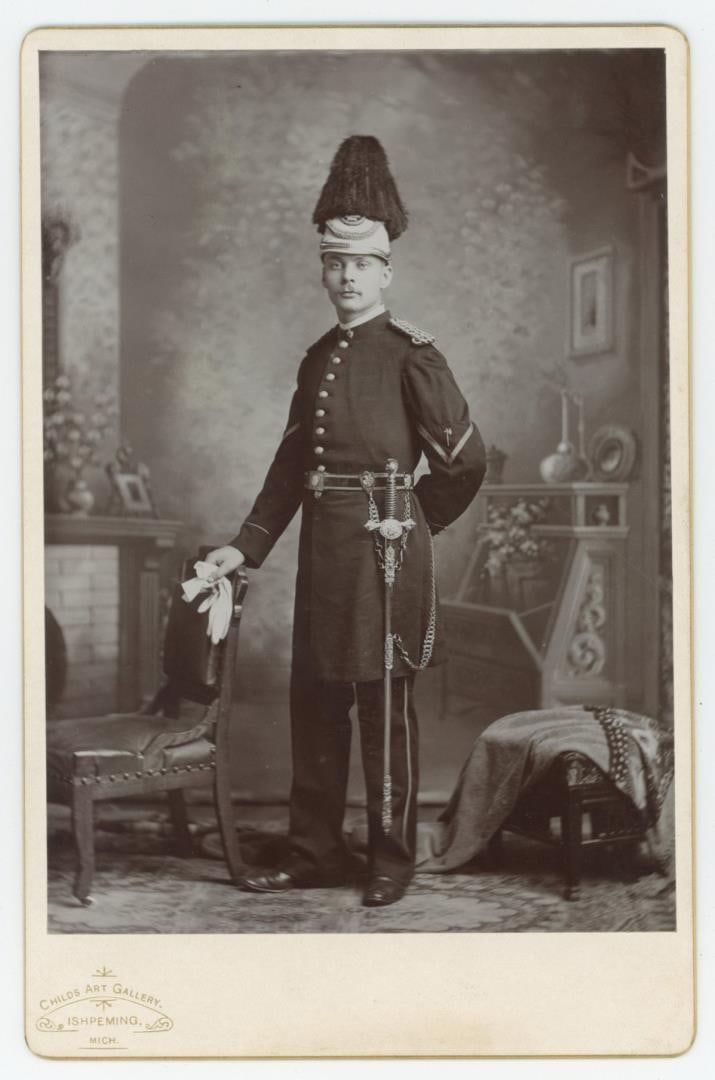 Masonic Knights Templar Cabinet Photo: Young man in Commandery Dress Uniform. Card by Childs Art Gallery, Ishpeming, Michigan.