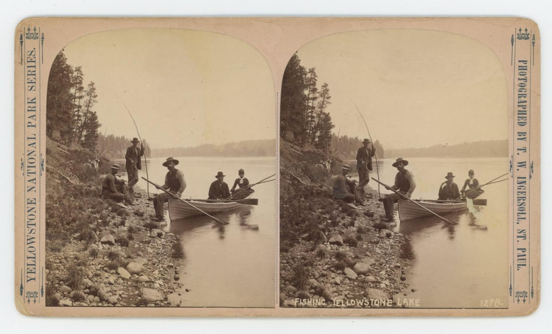 Fishing Party at Yellowstone Lake Stereoview: Photo by T.W. Ingersoli of St. Paul Minnesota.