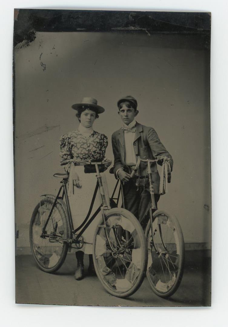 Couple with Wood Rim Bicycles Tintype Photo: 2 1/4" by 3 1/2"