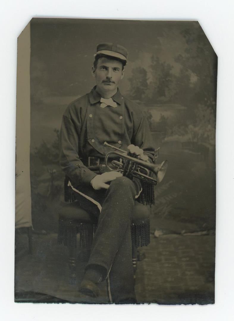 Occupational Coronet Musician Tintype Photo: 2 1/4" by 3 1/4".